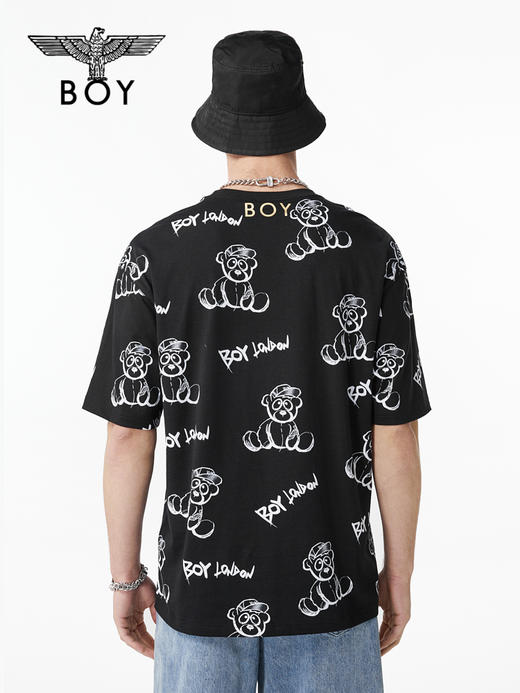 BOYLONDON短袖T恤情侣款22春夏新品宽松小熊满印圆领上衣B221N0104702 商品图1