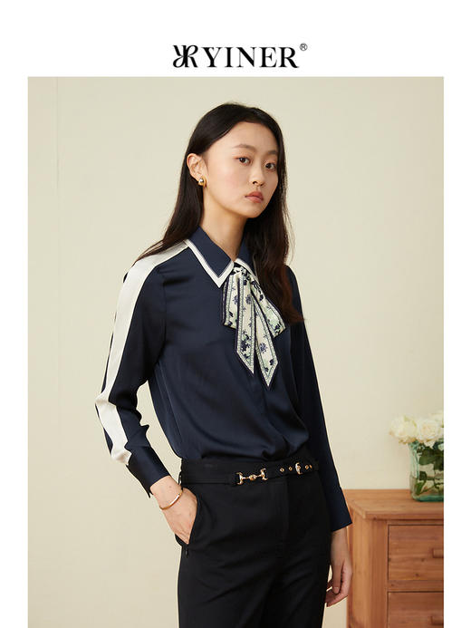 YINER音儿2022春季新款撞色印花飘带蚕丝衬衫8c32130030 商品图1