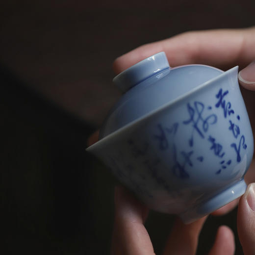 忘言 手绘青花 四季良辰 诗文二才盖碗 容量120ml 口径8.3cm 高7.8cm 碗身书：黄花红树，春不知秋；白雪青松，冬亦胜夏。春夏园林，秋冬山谷；一心无累，四季良辰。 商品图3