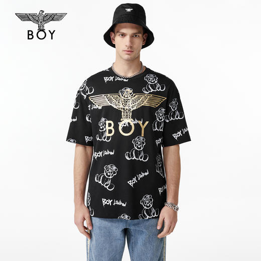 BOYLONDON短袖T恤情侣款22春夏新品宽松小熊满印圆领上衣B221N0104702 商品图0
