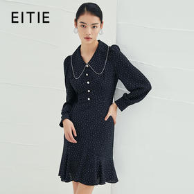 EITIE爱特爱春季新款时尚泡泡袖翻领a字裙复古波点收腰连衣裙A2207935