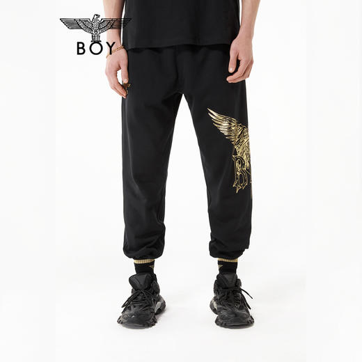 BOYLONDON休闲裤男女同款22春夏新品黑金老鹰印花束口长裤B221N1500002 商品图0