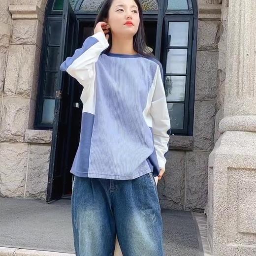 【鹿与安迪】春季海军蓝休闲拼接T恤 商品图1