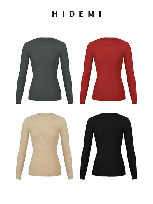 HIDEMI 美利奴超细羊毛无缝一体式云朵圆领打底上衣 燕麦色/锡器灰/浆果红/黑色 商品图0