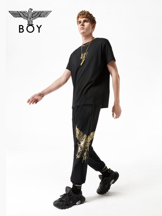 BOYLONDON休闲裤男女同款22春夏新品黑金老鹰印花束口长裤B221N1500002 商品图3