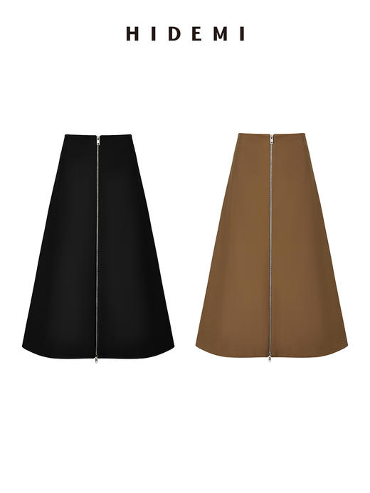 HIDEMI 简约A型伞状拉链式半身裙 黑色/卡其色 商品图0