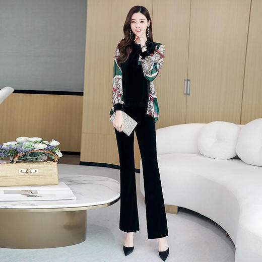 HRFS-WH69679新款韩版时尚优雅气质丝绒印花上衣裤子两件套 商品图2