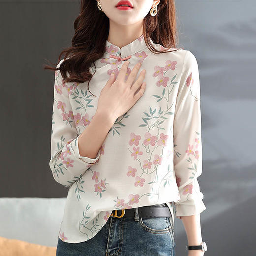 中式改良旗袍上衣女春秋中国风复古立领气质盘扣印花刺绣长袖衬衫  YX2051 商品图2