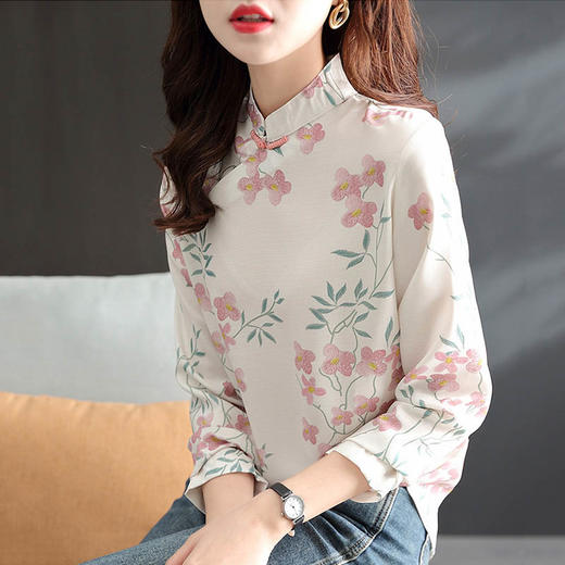 中式改良旗袍上衣女春秋中国风复古立领气质盘扣印花刺绣长袖衬衫  YX2051 商品图3