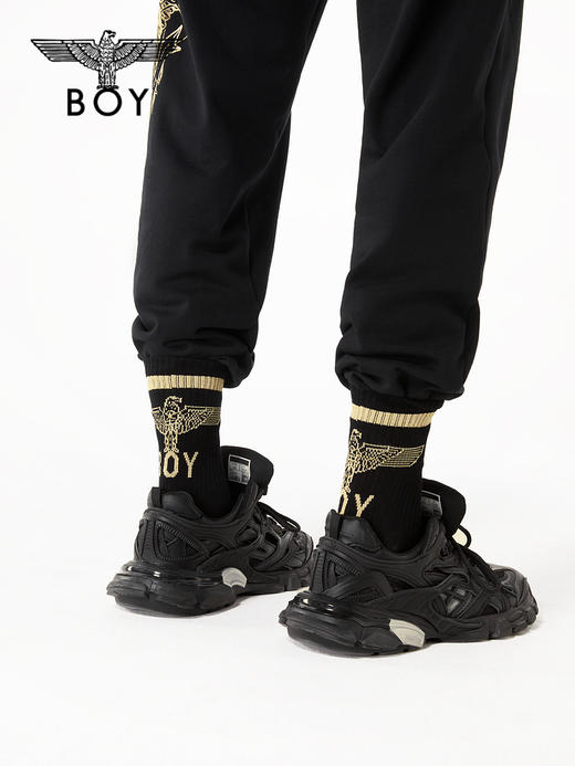 BOYLONDON休闲裤男女同款22春夏新品黑金老鹰印花束口长裤B221N1500002 商品图4