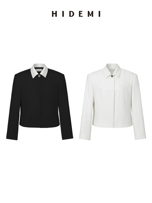 HIDEMI 简约一粒扣翻领式短款夹克西服外套 白色/黑色（小白领） 商品图0