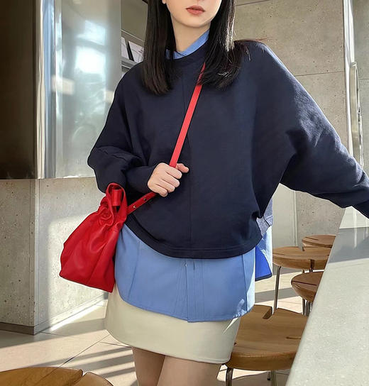 HIDEMI 立领廓形袖短款卫衣 藏蓝色/白色 商品图3