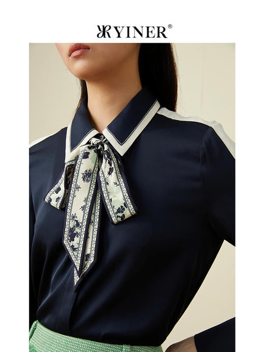 YINER音儿2022春季新款撞色印花飘带蚕丝衬衫8c32130030 商品图2