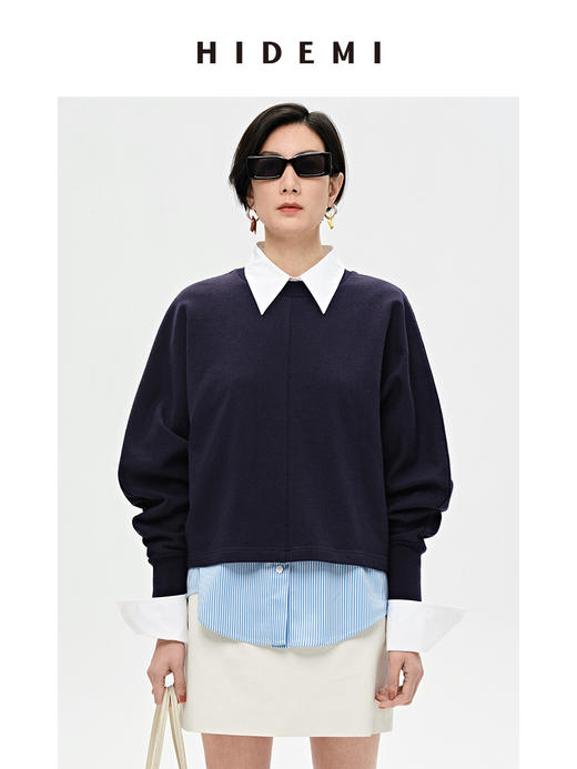 HIDEMI 立领廓形袖短款卫衣 藏蓝色/白色 商品图2