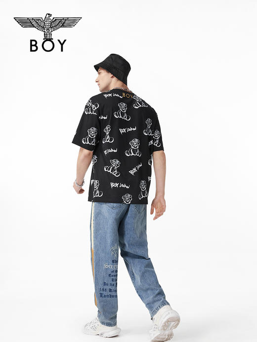 BOYLONDON短袖T恤情侣款22春夏新品宽松小熊满印圆领上衣B221N0104702 商品图2