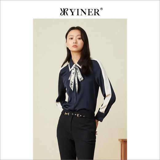 YINER音儿2022春季新款撞色印花飘带蚕丝衬衫8c32130030 商品图0