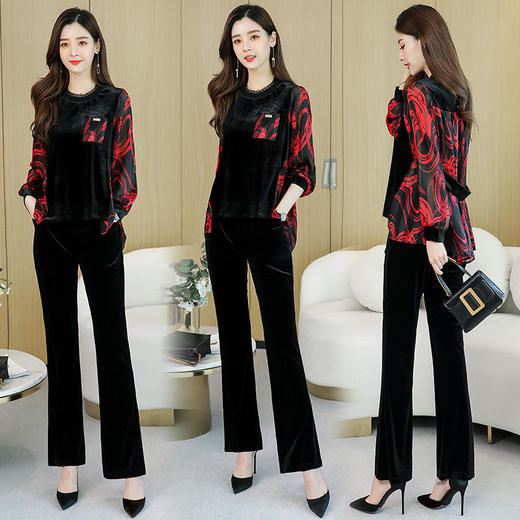 HRFS-WH69679新款韩版时尚优雅气质丝绒印花上衣裤子两件套 商品图6