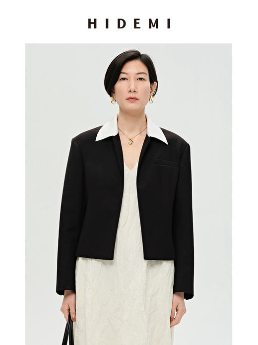 HIDEMI 简约一粒扣翻领式短款夹克西服外套 白色/黑色（小白领） 商品图3