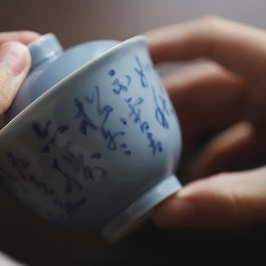 忘言 手绘青花 四季良辰 诗文二才盖碗 容量120ml 口径8.3cm 高7.8cm 碗身书：黄花红树，春不知秋；白雪青松，冬亦胜夏。春夏园林，秋冬山谷；一心无累，四季良辰。 商品图0