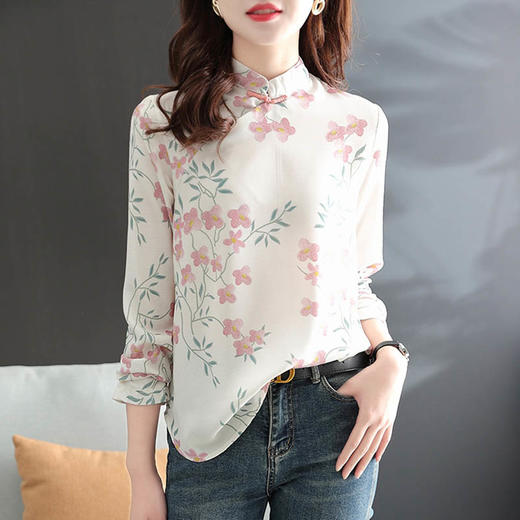 中式改良旗袍上衣女春秋中国风复古立领气质盘扣印花刺绣长袖衬衫  YX2051 商品图0