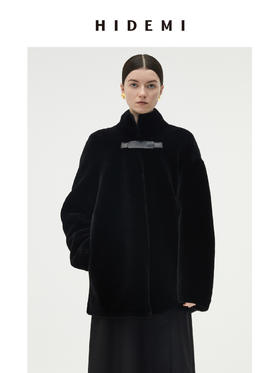 HIDEMI 黑色皮毛一体简约皮襻设计感中长款大衣