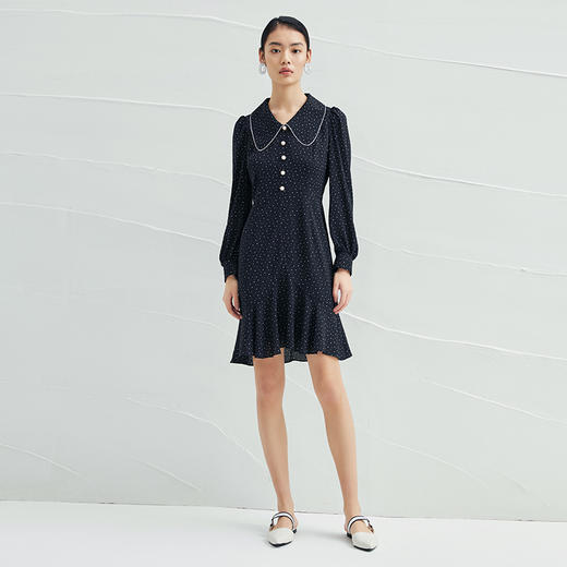 EITIE爱特爱春季新款时尚泡泡袖翻领a字裙复古波点收腰连衣裙A2207935 商品图1
