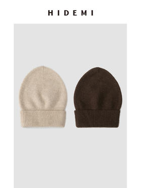HIDEMI 浣熊毛系列翻边针织圆帽 豆乳米/深摩卡