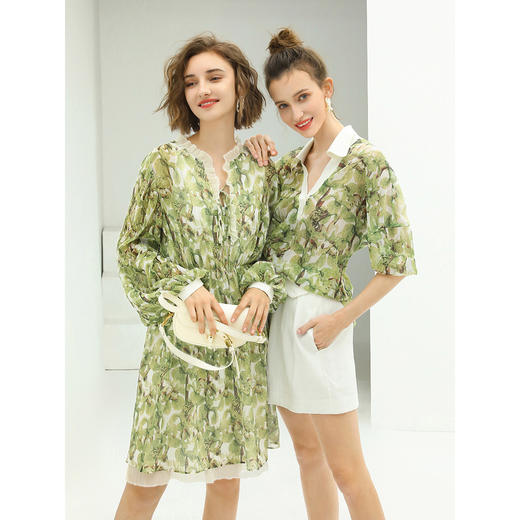 【限时秒杀】COCOBELLA肌理感压褶花卉印花连衣裙女优雅高腰长袖雪纺裙FR512 商品图4