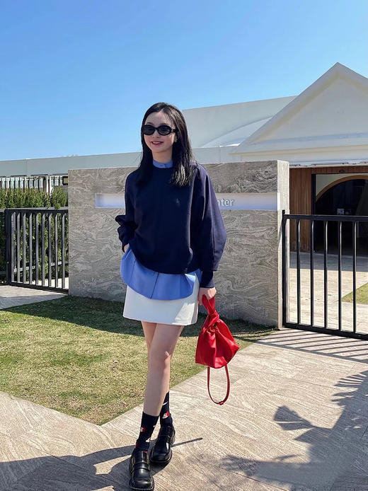 HIDEMI 立领廓形袖短款卫衣 藏蓝色/白色 商品图4