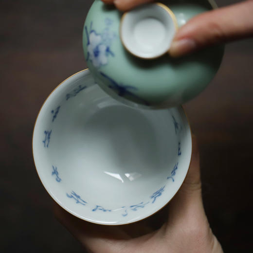 忘言造物碧叶垂清露茶碗绿地青花手绘秋葵内诗文描金盖碗 容量120ml 口径8.8cm 高8.2cm 商品图4
