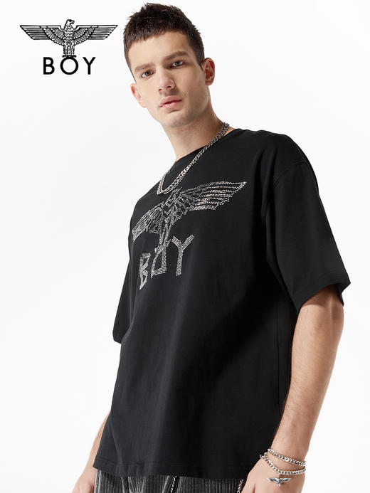 BOYLONDON短袖T恤情侣款22春夏新品潮酷烫钻LOGO印花上衣B221NO101902 商品图2