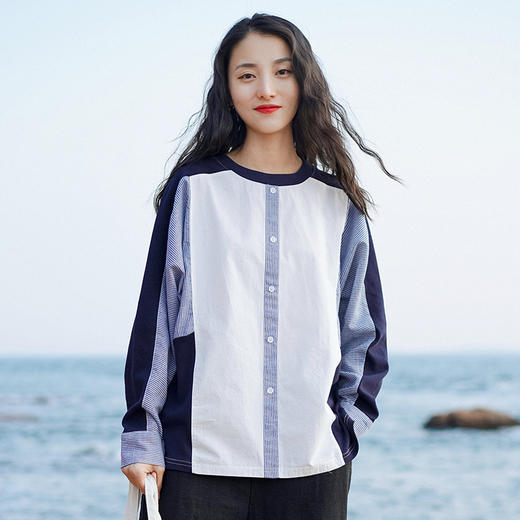 【鹿与安迪】春季海军蓝休闲拼接T恤 商品图6