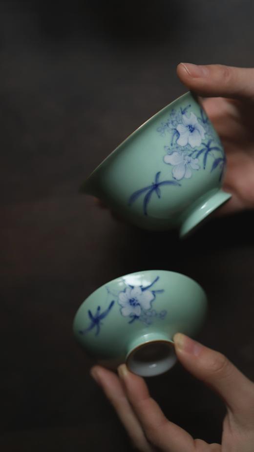 忘言造物碧叶垂清露茶碗绿地青花手绘秋葵内诗文描金盖碗 容量120ml 口径8.8cm 高8.2cm 商品图6