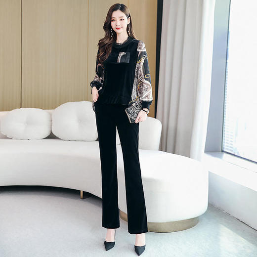 HRFS-WH69679新款韩版时尚优雅气质丝绒印花上衣裤子两件套 商品图5