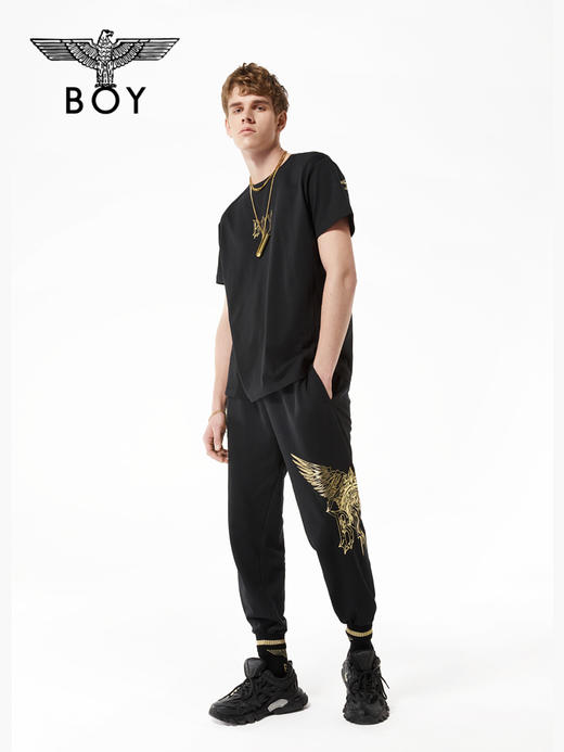 BOYLONDON休闲裤男女同款22春夏新品黑金老鹰印花束口长裤B221N1500002 商品图2
