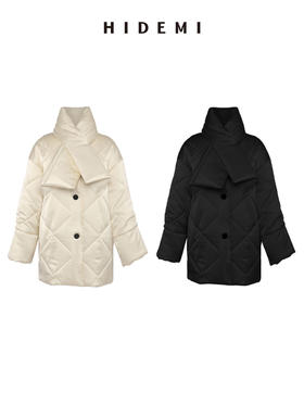 HIDEMI 醋酸系列可拆卸围脖简约设计感菱格棉服大衣 奶昔白/黑色