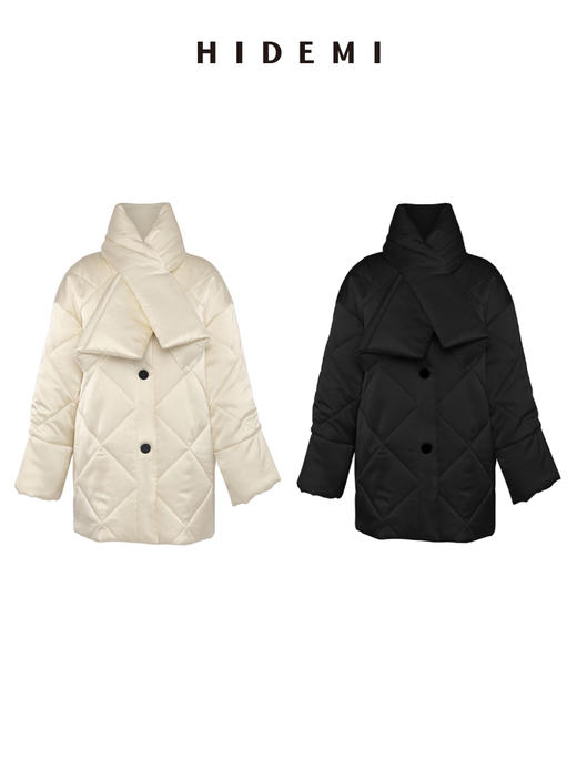 HIDEMI 醋酸系列可拆卸围脖简约设计感菱格棉服大衣 奶昔白/黑色 商品图0