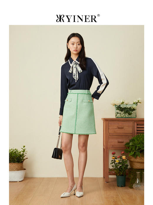 YINER音儿2022春季新款撞色印花飘带蚕丝衬衫8c32130030 商品图3