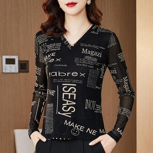 MZ800506 字母网纱春款打底衫女长袖2022年春秋时尚百搭纱衣t恤上衣 商品图4