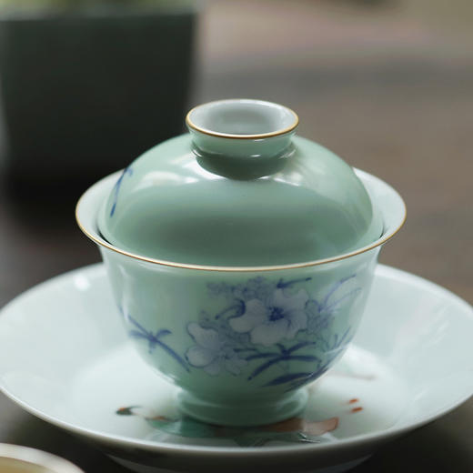 忘言造物碧叶垂清露茶碗绿地青花手绘秋葵内诗文描金盖碗 容量120ml 口径8.8cm 高8.2cm 商品图1