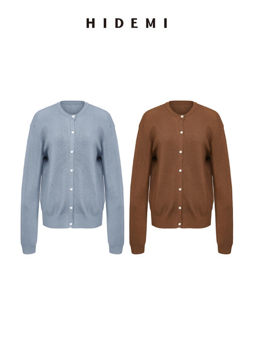 HIDEMI 美利奴羊毛中厚款纽扣开衫/雾霾蓝/巧克力色 商品图0