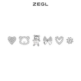ZEGL设计师925纯银小熊爱心耳钉女小众设计感蝴蝶结耳环耳饰套装