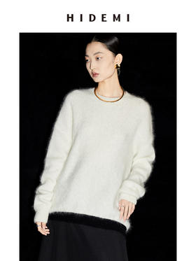 HIDEMI 马海毛白色拼接黑边圆领毛衣