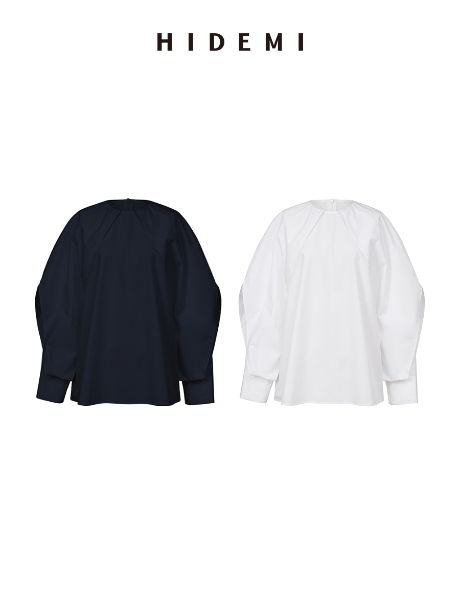 HIDEMI花苞几何设计感衬衫 白色/藏蓝色