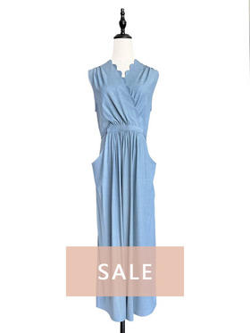 TYNVIE 波浪纹领口大插袋无袖连衣裙-牛仔蓝