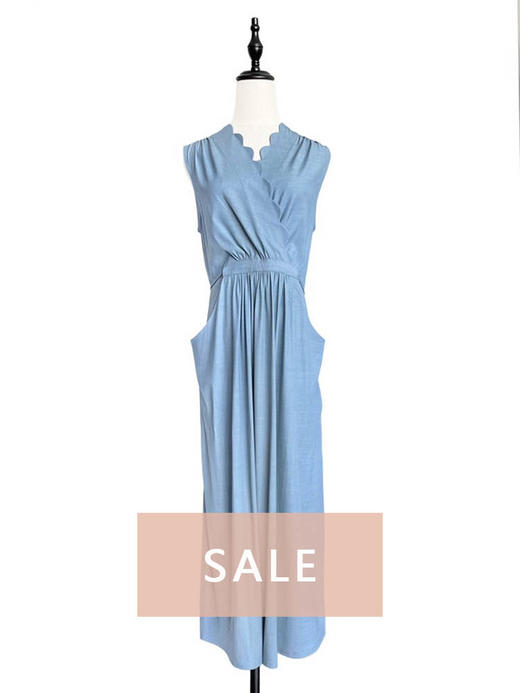 TYNVIE 波浪纹领口大插袋无袖连衣裙-牛仔蓝 商品图0