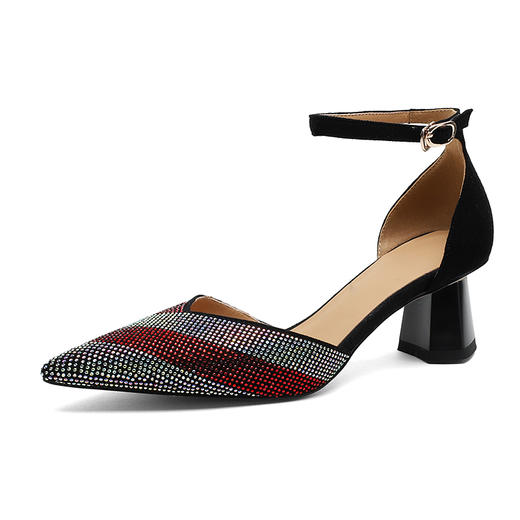 时尚休闲，羊皮拼色细跟包头凉鞋尖头一字带水钻单鞋QS-21623 商品图9