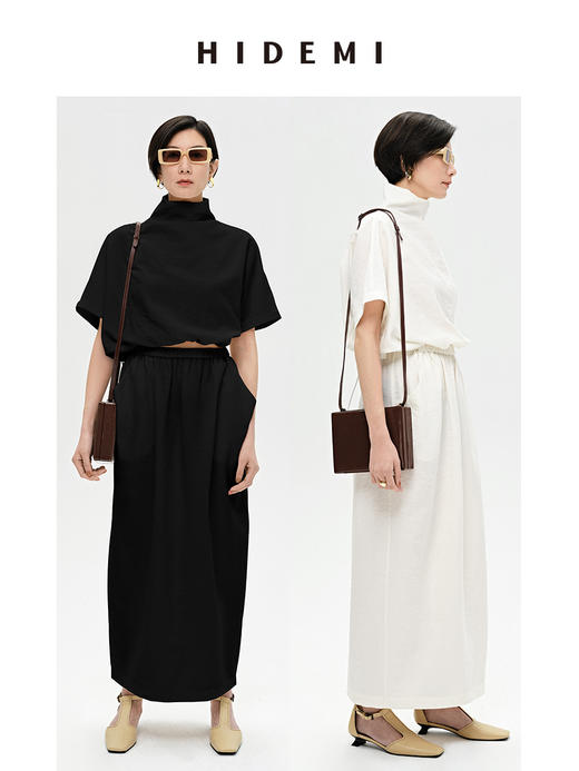 HIDEMI 简约设计感微荡立领半袖廓形套装 黑色/白色 上衣/半身裙 商品图3