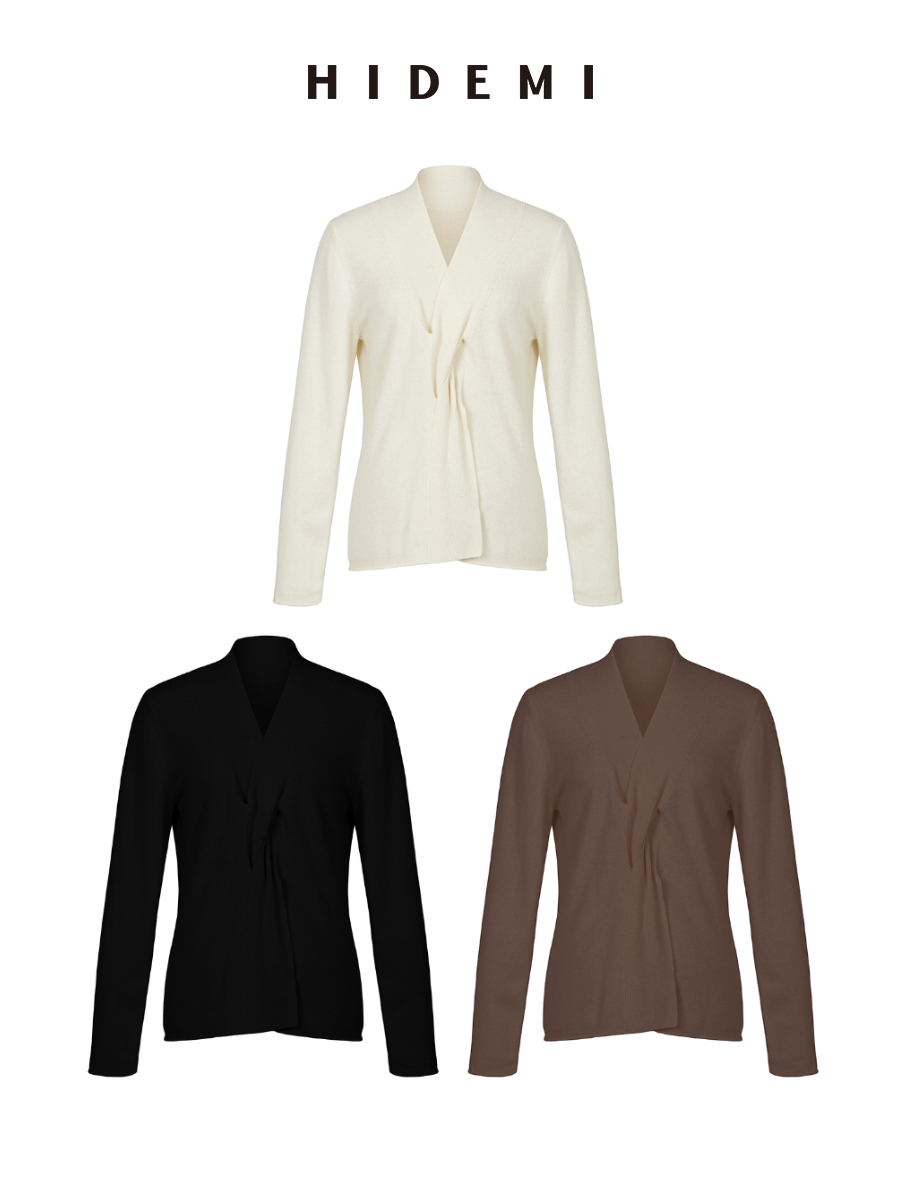 HIDEMI 美利奴超细羊毛立体交叉打结款V领修身毛衣 原白色/深摩卡/黑色