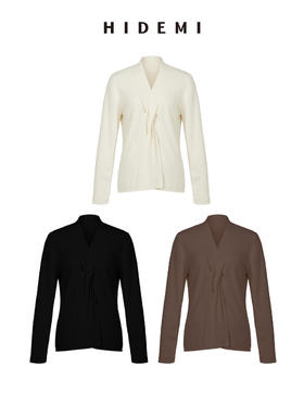 HIDEMI 美利奴超细羊毛立体交叉打结款V领修身毛衣 原白色/深摩卡/黑色